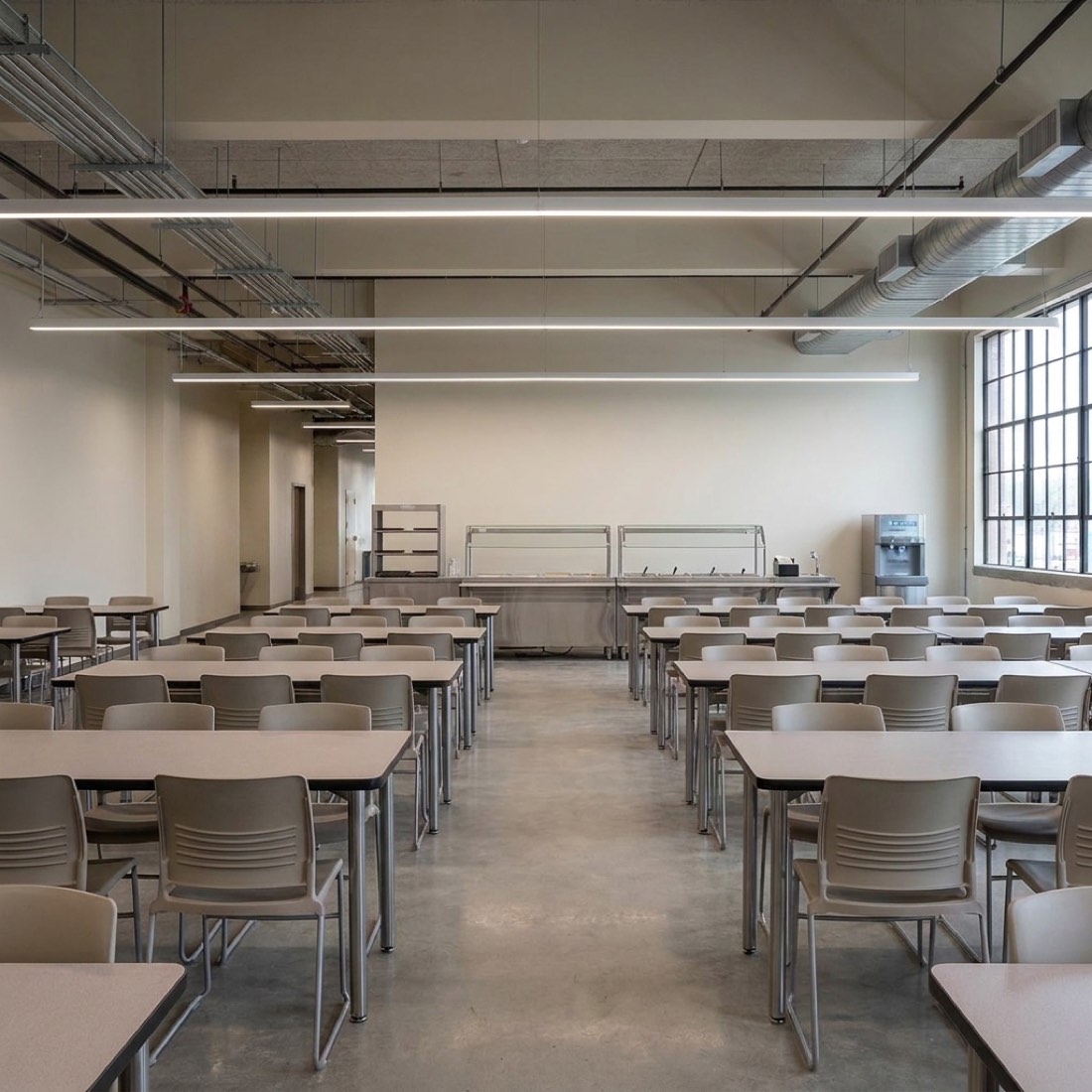 Site canteen furnished by Kavela: dining tables and stacking chairs along the servery run