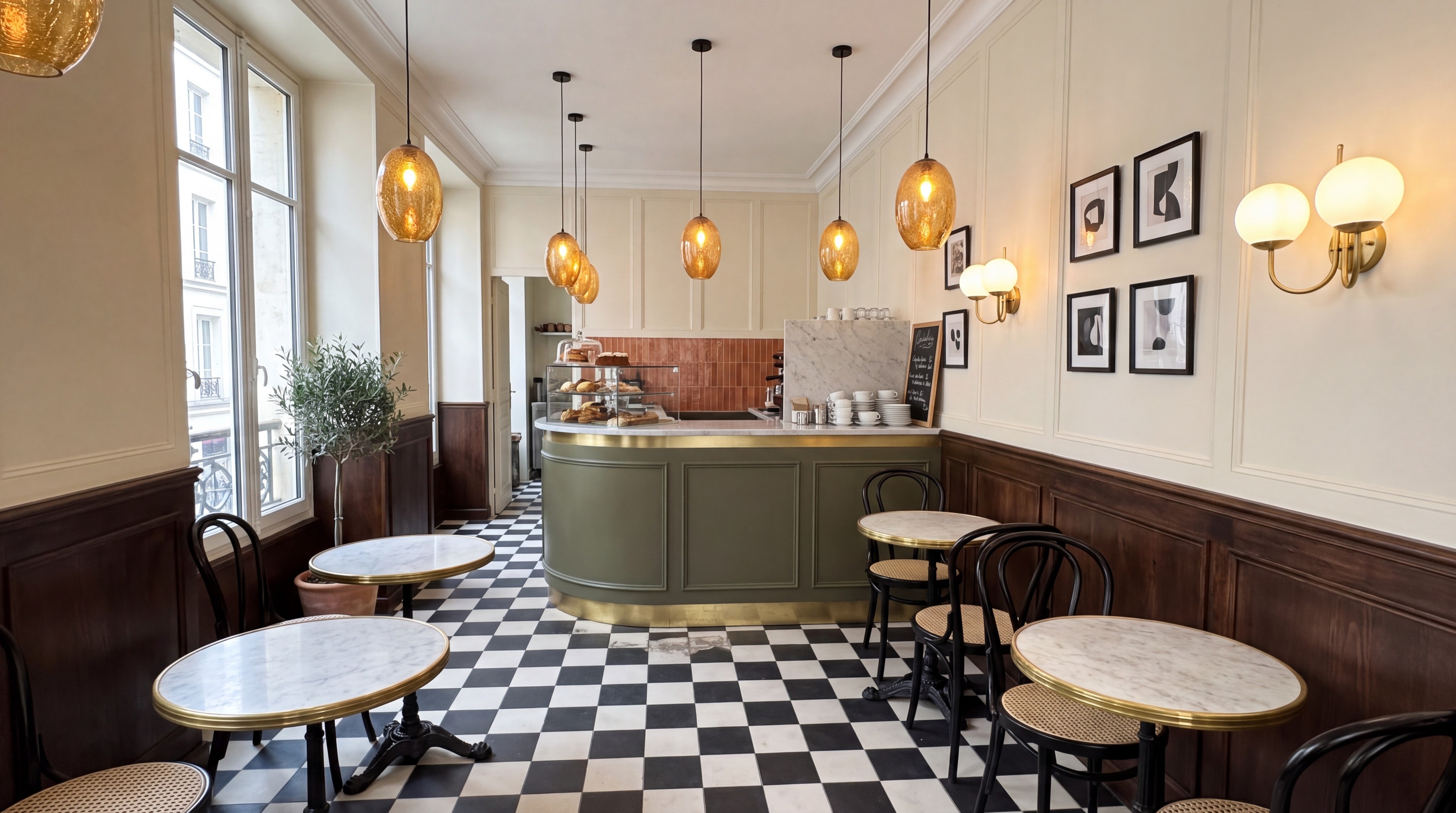 Café interior furnished by Kavela: bentwood cane chairs, marble bistro tables and a painted servery counter