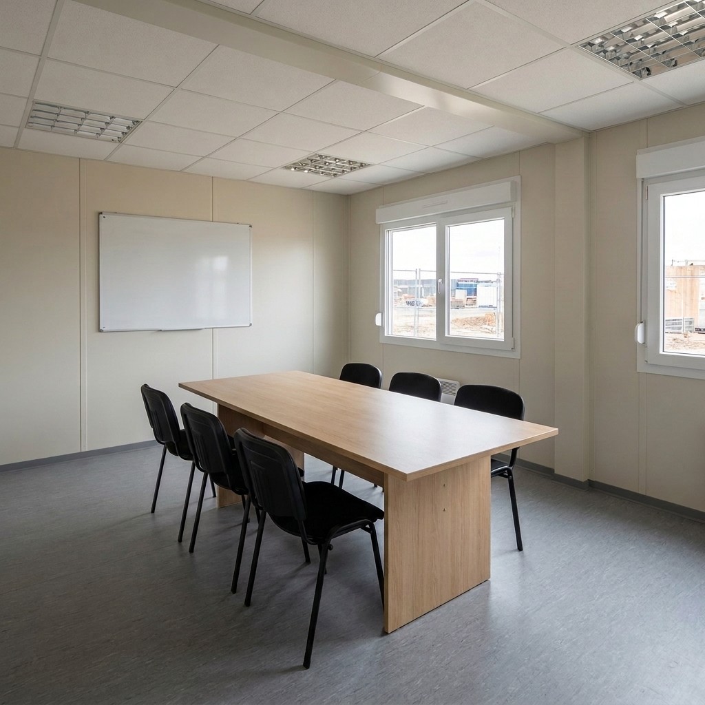 Site office meeting room furnished by Kavela: oak conference table and stacking chairs