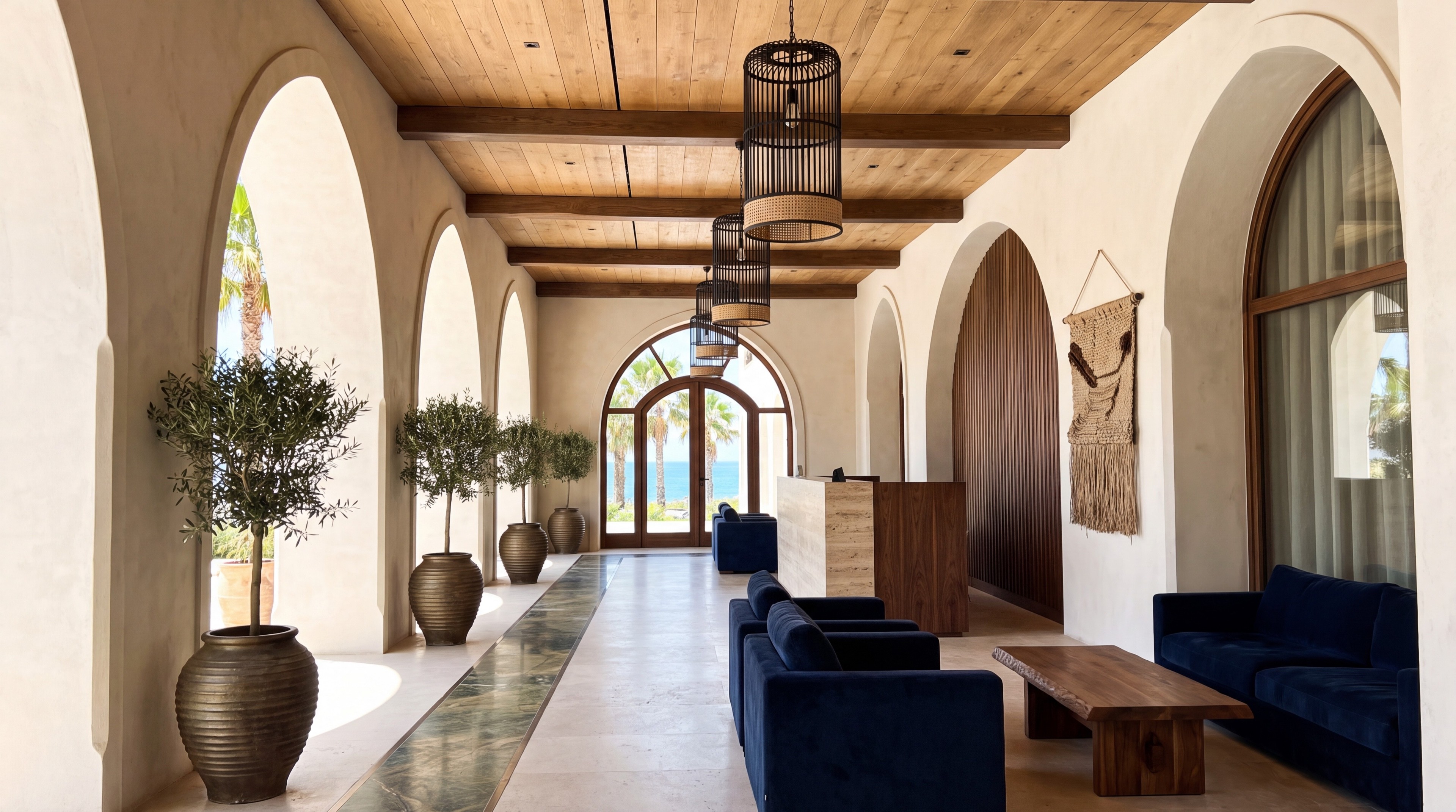 Hotel lobby and reception furnished by Kavela: velvet lounge seating, solid walnut benches and fluted timber wall panelling