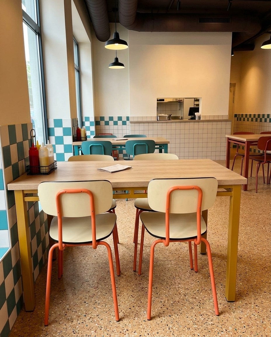 Quick-service restaurant furnished by Kavela: powder-coated stacking chairs and laminate-top tables