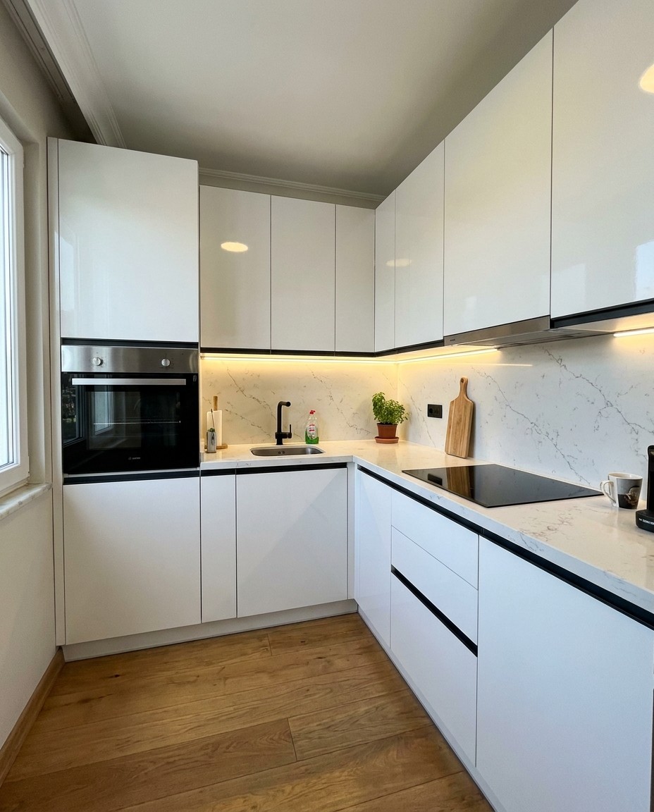 Fitted kitchen by Kavela: handleless gloss units, quartz worktop and splashback